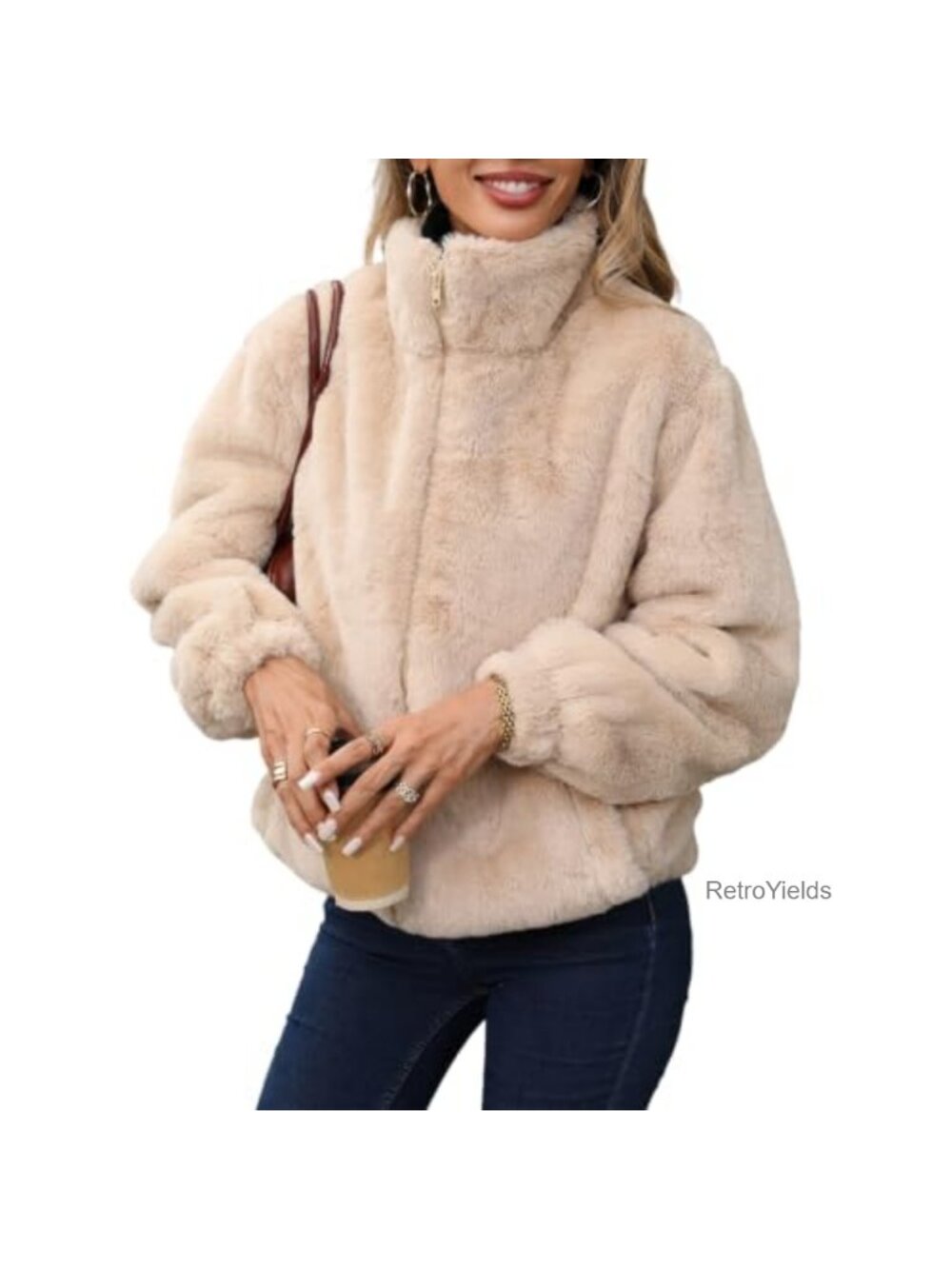 Cropped Faux Fur Jacket Fluffy Zip Up Winter Coat Women